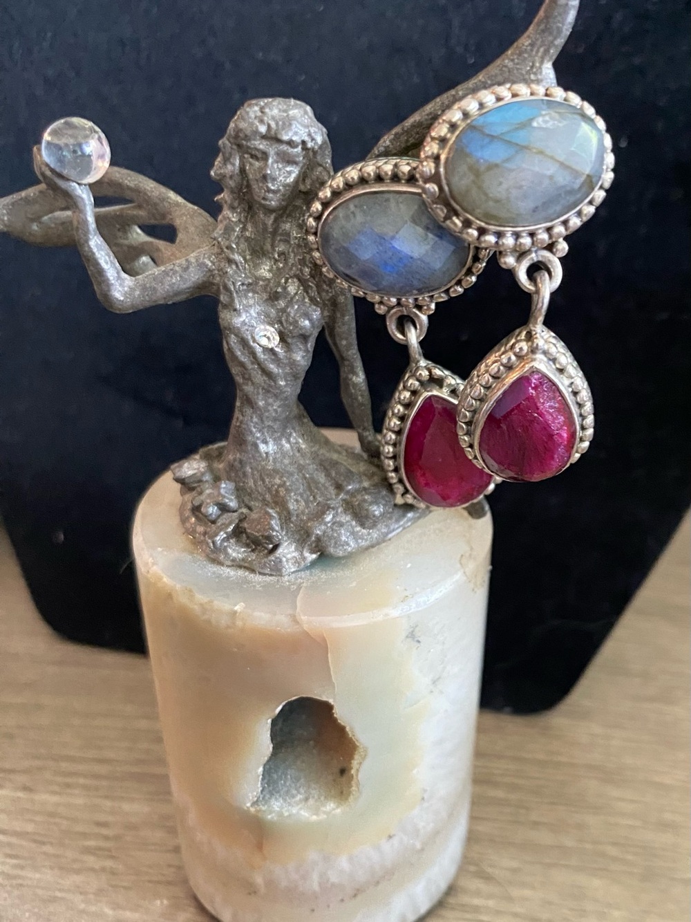 Vintage Labradorite & Ruby Dangle Earrings Stamped 925 India